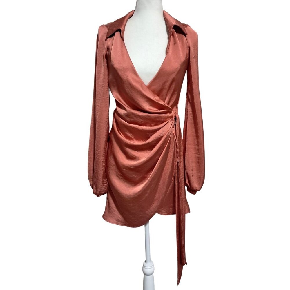 Lucy in the Sky Mini Wrap Dress Womens Small Rose Gold Satin Long Sleeve